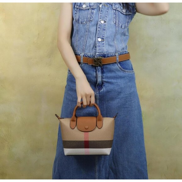 women Burgundy Red Vintage Leather Shoulder Bag Canvas Top Handle - Picture 8 of 9